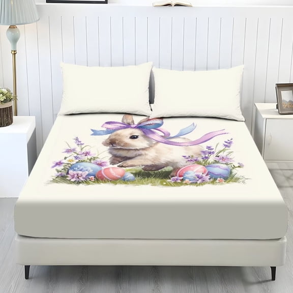 COEQINE Twin Sheet Set 3 Pieces Bedding Set, Comfort Fade Resistant Fitted Sheet with 2 Pillowcases, Winter Bottom Bedsheet Easy & Secure Fit, Easter Bunny Bow Egg Beige