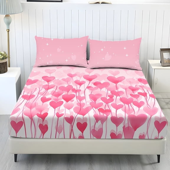 COEQINE Twin Sheet Set 3 Pieces Bedding Set, Comfort Fade Resistant Fitted Sheet with 2 Pillowcases, Winter Bottom Bedsheet Easy & Secure Fit for Valentine's Day Decor, Pink Glitter Heart