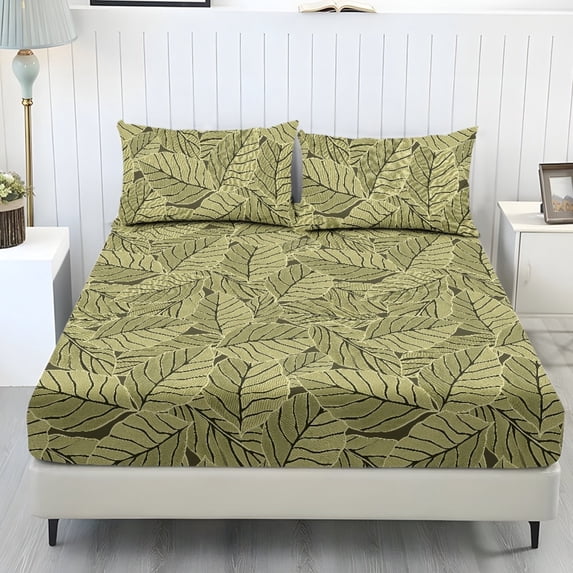 COEQINE Twin Sheet Set 3 Pieces Bedding Set, Comfort Fade Resistant Fitted Sheet with 2 Pillowcases, Winter Bottom Bedsheet Easy & Secure Fit, Vintage Green Leaf