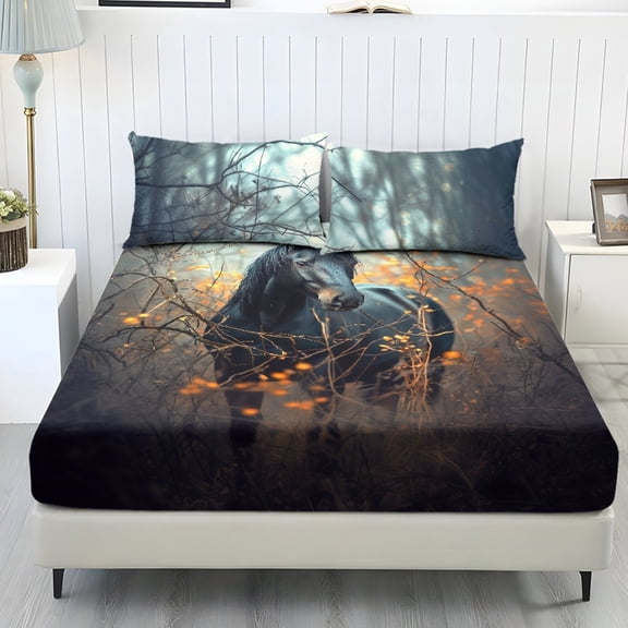 COEQINE Twin Sheet Set Breathable Soft Bedding Sheet Set 3 Pieces Deep Pocket Holiday Bedding Set with All Around Elastic for a Snug Fit, Black Horse Camo Hunting Forest