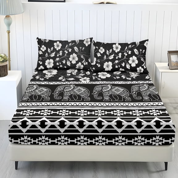 COEQINE Twin Sheet Set Breathable Soft Bedding Sheet Set 3 Pieces Deep Pocket Holiday Bedding Set with All Around Elastic for a Snug Fit, Boho American Tribal Elephant Floral