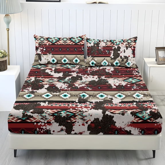 COEQINE Twin Sheet Set Soft Fade Resistant 3 Pieces Bed Sheets Set All Around Elastic Fitted Bedsheet & Pillowcases Home Decor for Twin Size Bed, American Tribal Cow Print Red Retro