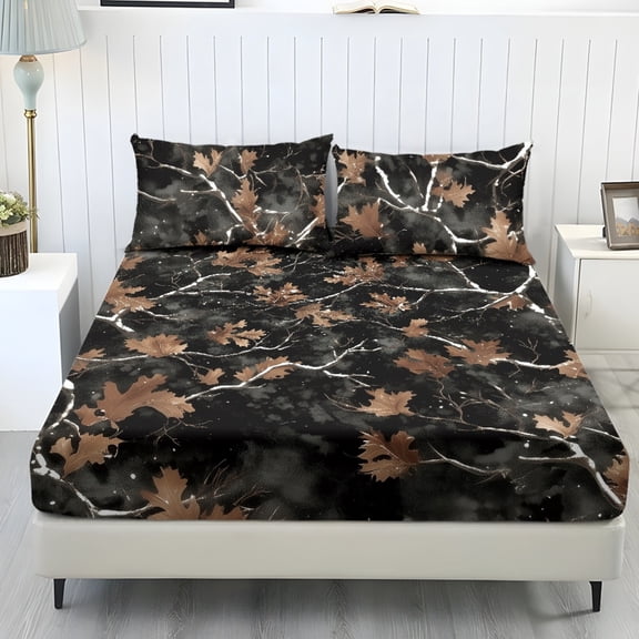 COEQINE Twin Sheet Set Soft Fade Resistant 3 Pieces Bed Sheets Set All Around Elastic Fitted Bedsheet & Pillowcases Home Decor for Twin Size Bed, Camo Hunting Forest Black