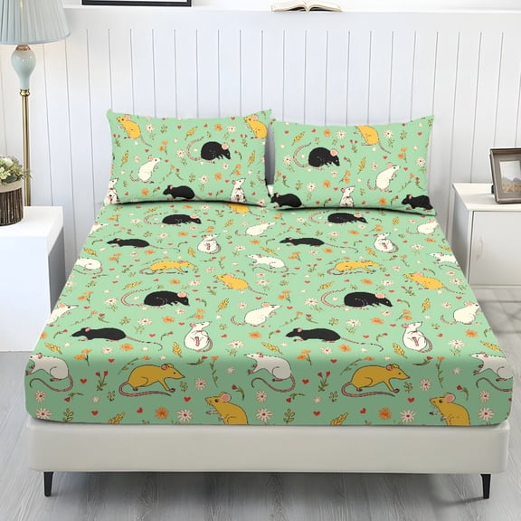 COEQINE Twin Sheet Set Soft Fade Resistant 3 Pieces Bed Sheets Set All Around Elastic Fitted Bedsheet & Pillowcases Home Decor for Twin Size Bed, Cartoon Mouse Hippie Floral Green