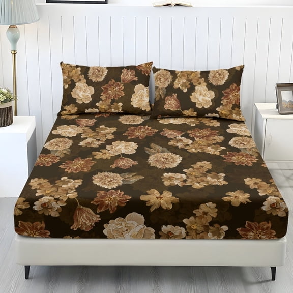 COEQINE Twin Sheet Set Soft Fade Resistant 3 Pieces Bed Sheets Set All Around Elastic Fitted Bedsheet & Pillowcases Home Decor for Twin Size Bed, Vintage Brown Floral