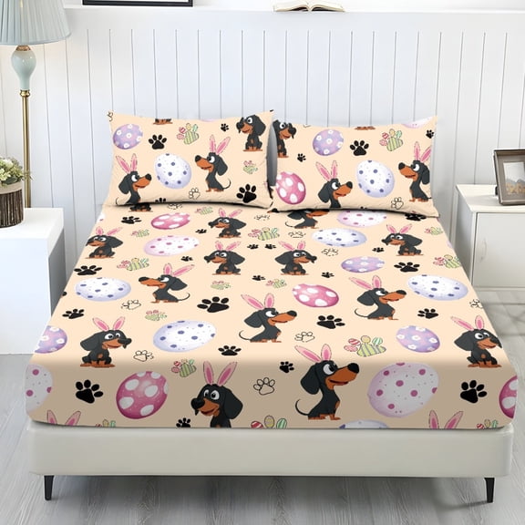 COEQINE Twin Sheet Set Soft Stretchy Bedding Sheet Set 3 Pieces Deep Pocket Holiday Bedding Set with All Around Elastic Snug Fit Bottom Bedsheet, Easter Dachshund Bunny Ears Egg Paw
