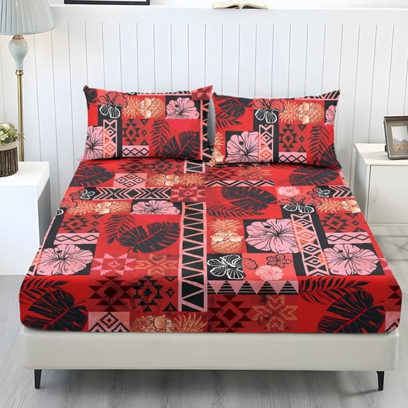 COEQINE Twin Sheet Set Soft Stretchy Bedding Sheet Set 3 Pieces Deep Pocket Holiday Bedding Set with All Around Elastic Snug Fit Bottom Bedsheet, Red Tribal Tropical Hibiscus Leaf