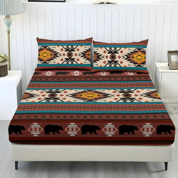 COEQINE Twin Sheet Set Soft Stretchy Bedding Sheet Set 3 Pieces Deep Pocket Holiday Bedding Set with All Around Elastic Snug Fit Bottom Bedsheet, Southwest American Tribal Bear
