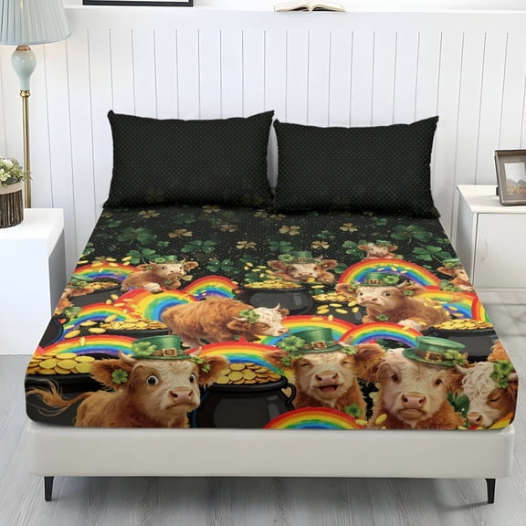 COEQINE Twin Sheet Set Soft Stretchy Bedding Sheet Set 3 Pieces Deep Pocket Holiday Bedding Set with All Around Elastic Snug Fit Bottom Bedsheet, St Patricks Day Highland Cow Rainbow Clover