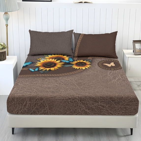 COEQINE Twin Sheets 3 Pieces Bedding Set, Comfort Wrinkle Free Fitted Sheet with 2 Pillowcases, Soft Winter Bottom Bedsheet Easy & Secure Fit, Butterfly Sunflower Brown Texture