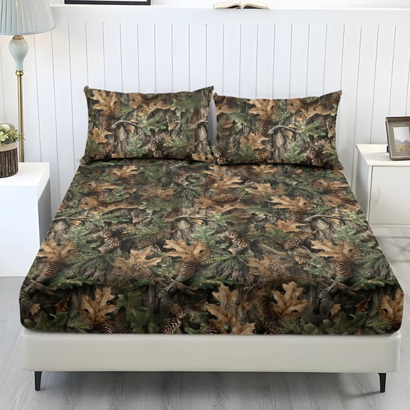 COEQINE Twin Sheets 3 Pieces Bedding Set, Comfort Wrinkle Free Fitted Sheet with 2 Pillowcases, Soft Winter Bottom Bedsheet Easy & Secure Fit, Camo Hunting Forest Pine Cone