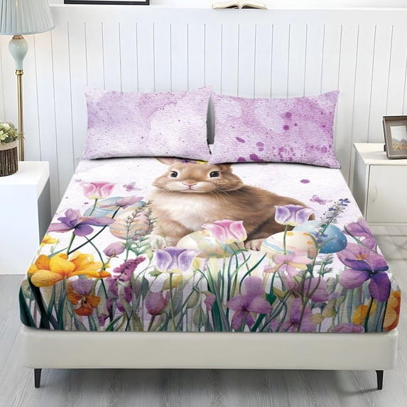 COEQINE Twin Size 3 Piece Sheet Set, Stay in Place Fade Resistant Cooling Bed Sheets with All Around Elastic Cozy Bedsheet & Pillowcases for Easter Decor, Cute Bunny Floral Violet