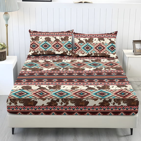 COEQINE Twin Size 3 Piece Sheet Set, Stay in Place Fade Stain Resistant Cooling Bed Sheets with All Around Elastic Cozy Bedsheet & Pillowcases, American Tribal Cow Print Red
