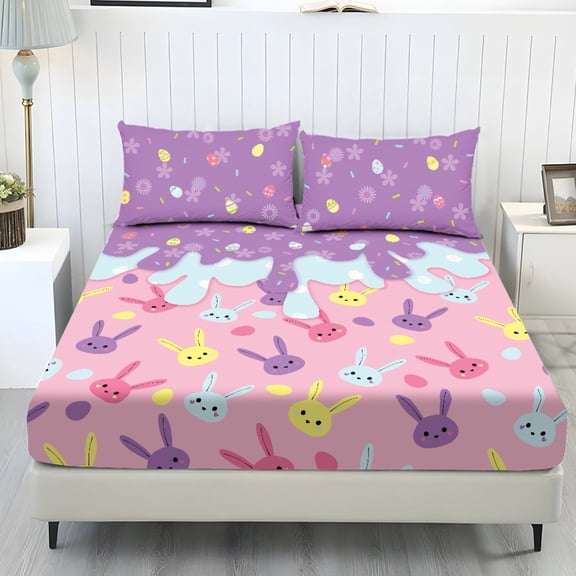 COEQINE Twin Size 3 Piece Sheet Set, Stay in Place Fade Stain Resistant Cooling Bed Sheets with All Around Elastic Cozy Bedsheet & Pillowcases, Easter Bunny Cream Purple