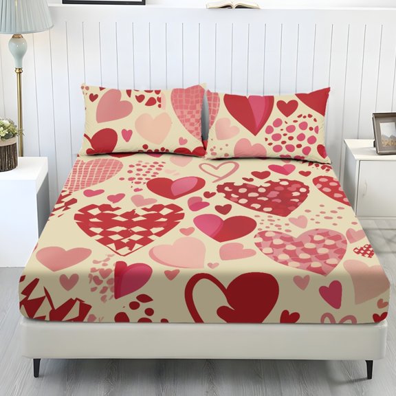 COEQINE Twin Size 3 Piece Sheet Set, Stay in Place Fade Stain Resistant Cooling Bed Sheets with All Around Elastic Cozy Bedsheet & Pillowcases for Valentine's Day Decor, Vintage Red Heart