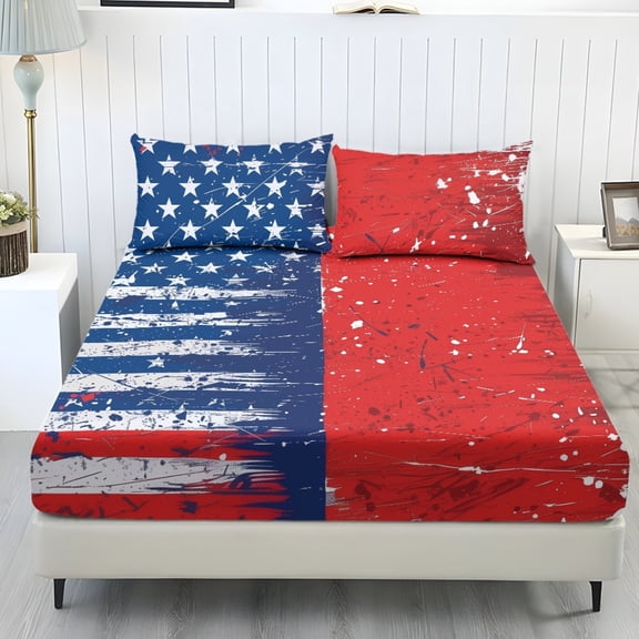 COEQINE Twin Size 3 Piece Sheet Set, Wrinkle Free Comfort Cooling Sheets All Around Elastic Fitted Holiday Bedding Set Home Decor for Women Men, Vintage Star and Stripes