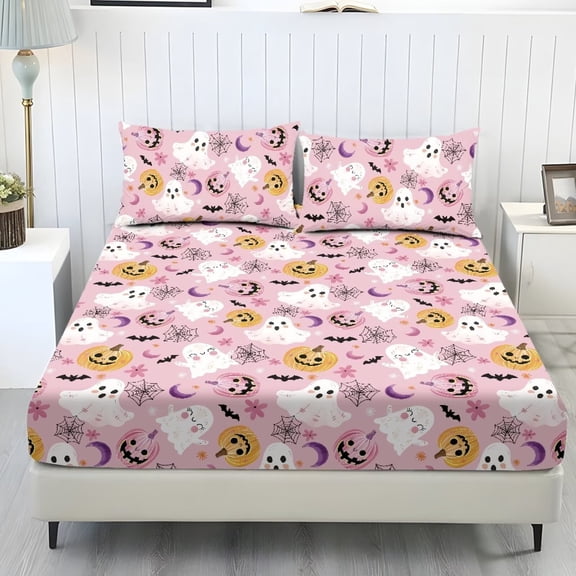 COEQINE Twin Size Fitted Sheet & Pillowcase Set, Comfort Bed Sheets Set Fade Resistant Easy Care Bottom Bedsheet Snug Fit for Halloween Decor, Cute Ghost Pumpkin Bat Pink