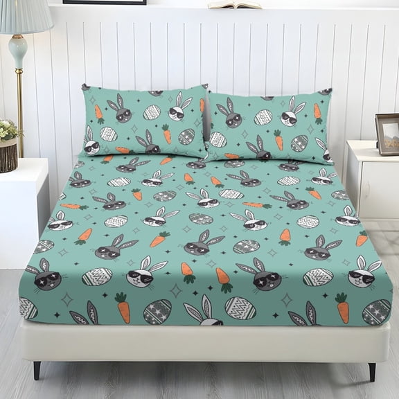 COEQINE Twin Size Sheet Comfy Bedding Fitted Sheet Non-Slip Snug Fit All Around Elastic Fitted Bottom Bedsheet Holiday Bed Set 3 Pieces Set, Easter Bunny Egg Carrort Green