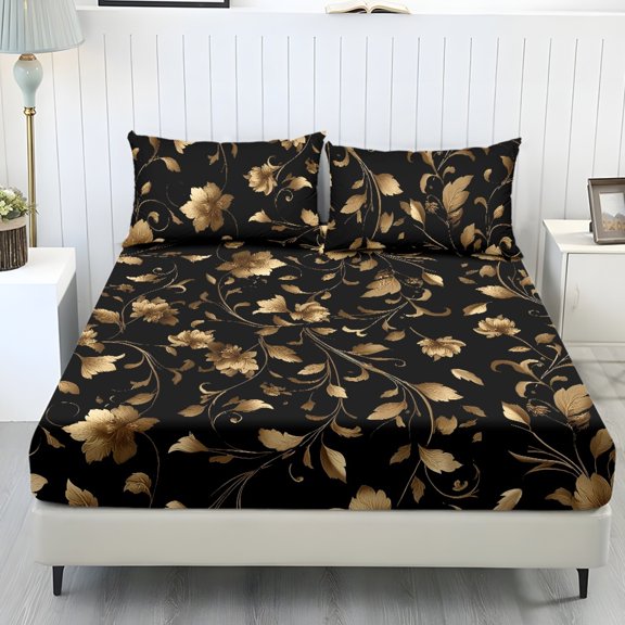 COEQINE Twin Size Sheet Comfy Bedding Fitted Sheet Non-Slip Snug Fit All Around Elastic Fitted Bottom Bedsheet Holiday Bed Set 3 Pieces Set, Gold Floral