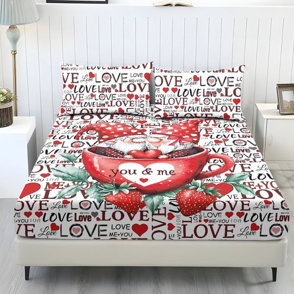 COEQINE Twin Size Sheet Comfy Bedding Fitted Sheet Non-Slip Snug Fit All Around Elastic Fitted Bottom Bedsheet Holiday Bed Set 3 Pieces Set for Valentine's Day Decor, Love Heart Gnome