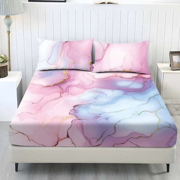 COEQINE Twin Size Sheet Set 3 Pieces, Includes Bedding Sheets & Pillowcases, All Around Elastic Fitted Long Lasting All Season for Women, Men, Marble Pink Blue Gold