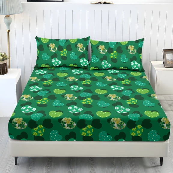 COEQINE Twin Size Sheet Set Comfy Easy Care 3 Pieces Bedding Set Include 1 Fitted Sheet & 2 Pillowcases, All Around Elastic Fitted for St. Patrick's Day Decor, Green Heart Shamrock Clover