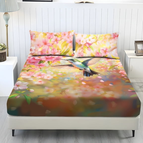 COEQINE Twin Size Sheet Set Cozy Easy & Secure Fit Stretchy 3 Pieces Bedding Sheet Set Bottom Bedsheet with All Around Elastic for Home Bedroom Decor, Hummingbird Flower