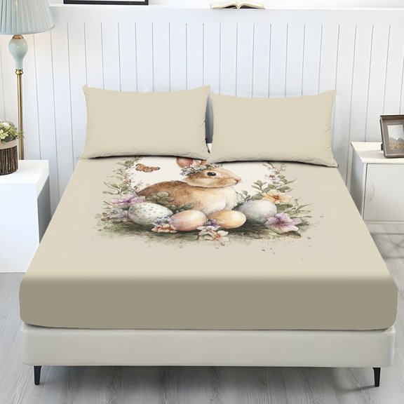 COEQINE Twin Size Sheet Set Cozy Easy & Secure Fit Stretchy 3 Pieces Bedding Sheet Set Bottom Bedsheet with All Around Elastic for Home Decor, Easter Bunny Egg Butterfly