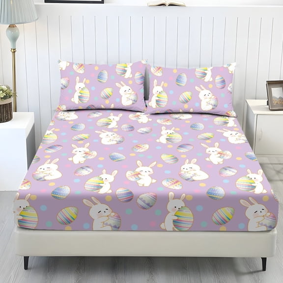 COEQINE Twin Size Sheet Set Cozy Fade Resistant 3 Pieces Bedding Sheet Set All Season Bottom Bedsheet with All Around Elastic for Home Decor, Easter Bunny Egg Polka Dots Violet