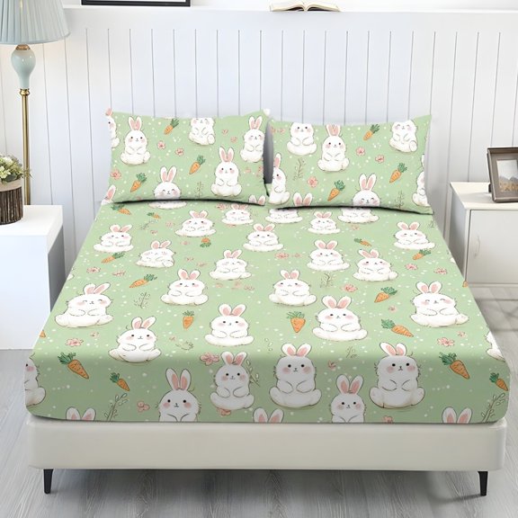COEQINE Twin Size Sheet Set Cozy Fade Resistant 3 Pieces Bedding Sheet Set All Season Bottom Bedsheet with All Around Elastic for Home Decor, Easter Rabbit Carrot Green