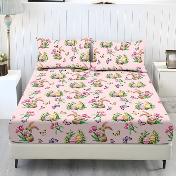 COEQINE Twin Size Sheet Set Cozy Fade Resistant 3 Pieces Bedding Sheet Set All Season Bottom Bedsheet with All Around Elastic for Home Decor, Easter Rabbit Tulip Butterfly Pink