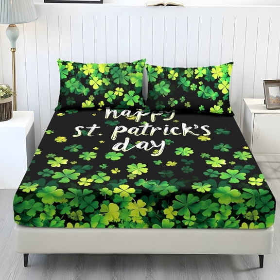 COEQINE Twin Size Sheet Set Cozy Fade Resistant 3 Pieces Bedding Sheet Set All Season Bottom Bedsheet with All Around Elastic for Home Decor, St Patricks Day Green Clover Quote