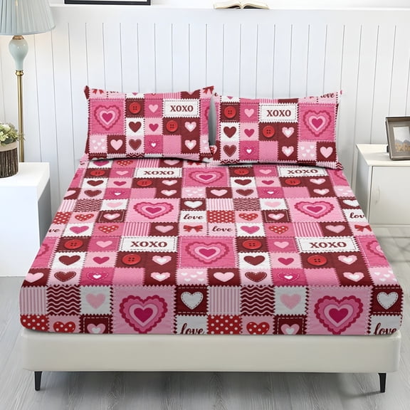 COEQINE Twin Size Sheet Set Cozy Fade Resistant 3 Pieces Bedding Sheet Set All Season Bottom Bedsheet with All Around Elastic for Valentine's Day Home Decor, Heart Patchwork Pink