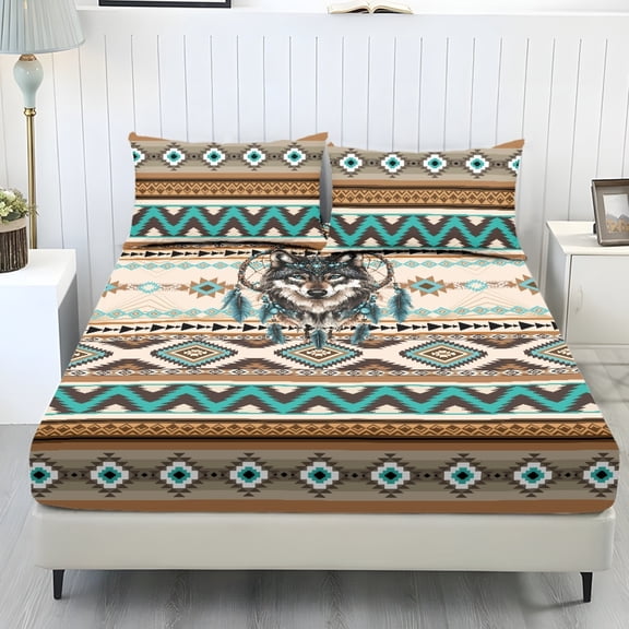 COEQINE Twin Size Sheet Set Soft Easy Care 3 Pieces Bedding Set Fade Resistant Stay in Place Include 1 Fitted Sheet & 2 Pillowcases for Women Men, American Tribal Wolf Dream Catcher