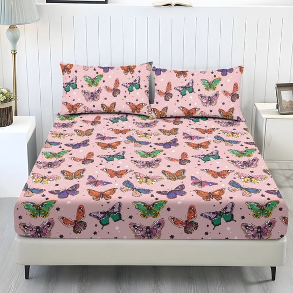 COEQINE Twin Size Sheet Set Soft Easy Care 3 Pieces Bedding Set Fade Resistant Stay in Place Include 1 Fitted Sheet & 2 Pillowcases for Women Men, Butterfly Star Pink