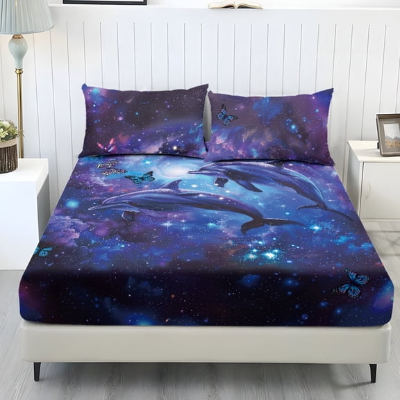 COEQINE Twin Size Sheet Set Soft Easy Care 3 Pieces Bedding Set Fade Resistant Stay in Place Include 1 Fitted Sheet & 2 Pillowcases for Women Men, Dolphin Butterfly Galaxy