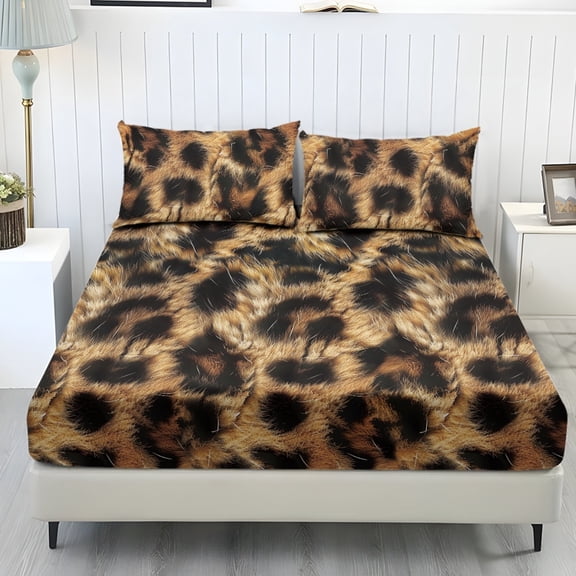 COEQINE Twin Size Sheet Set Soft Easy Care 3 Pieces Bedding Set Fade Resistant Stay in Place Include 1 Fitted Sheet & 2 Pillowcases for Women Men, Leopard Fur Print