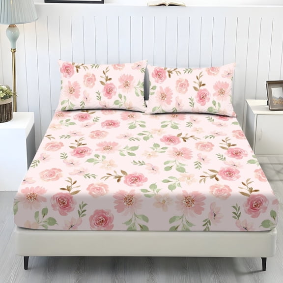 COEQINE Twin Size Sheet Set Soft Easy Care 3 Pieces Bedding Set Fade Resistant Stay in Place Include 1 Fitted Sheet & 2 Pillowcases for Women Men, Pink Rose Floral