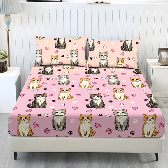 COEQINE Twin Size Sheet Set Soft Wrinkle Free 3 Pieces Bed Sheets Set with Deep Pocket Bedsheet & Pillowcases Home Decor for Twin Size Bed, Cute Cat Paw Heart Pink