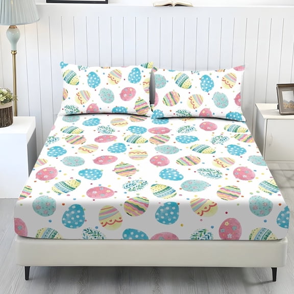 COEQINE Twin Size Sheet Set Soft Wrinkle Free 3 Pieces Bed Sheets Set with Deep Pocket Bedsheet & Pillowcases Home Decor for Twin Size Bed, Easter Egg White