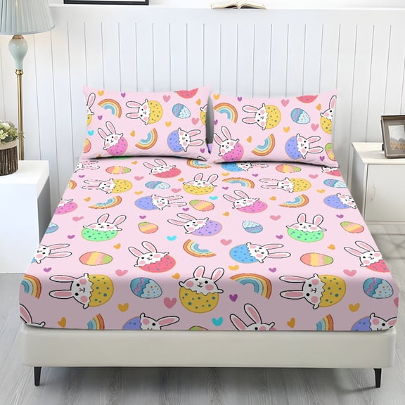 COEQINE Twin Size Sheet Set Soft Wrinkle Free 3 Pieces Bed Sheets Set with Deep Pocket Bedsheet & Pillowcases Home Decor for Twin Size Bed, Easter Rabbit Egg Rainbow Pink