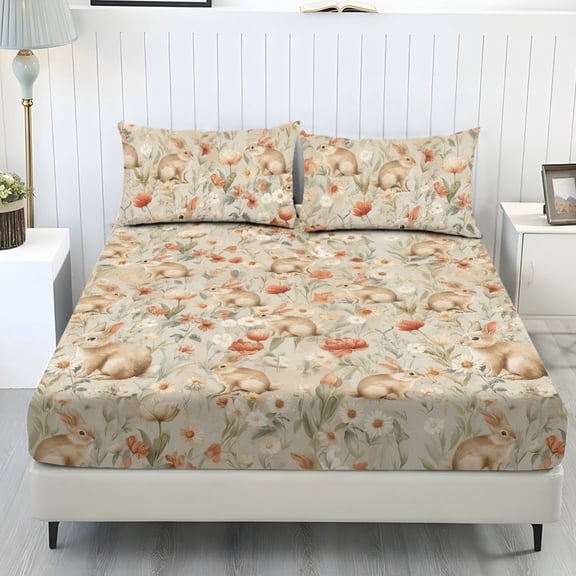 COEQINE Twin Size Sheet Set Soft Wrinkle Free 3 Pieces Bed Sheets Set with Deep Pocket Bedsheet & Pillowcases Home Decor for Twin Size Bed, Retro Bunny Floral