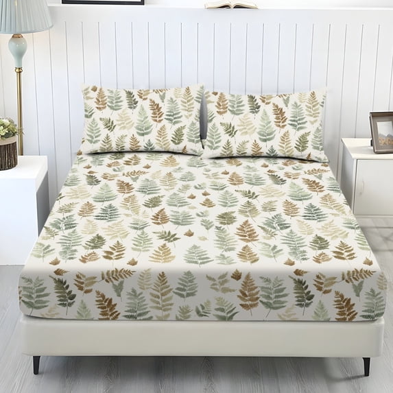 COEQINE Twin Size Sheet Set Soft Wrinkle Free 3 Pieces Bed Sheets Set with Deep Pocket Bedsheet & Pillowcases Home Decor for Twin Size Bed, Retro Fern Leaf
