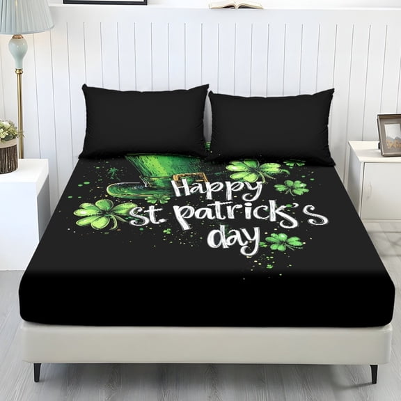 COEQINE Twin Size Sheet Set Soft Wrinkle Free 3 Pieces Bed Sheets Set with Deep Pocket Bedsheet & Pillowcases Home Decor for Twin Size Bed, St Patricks Day Leprechaun Hat Clover Black