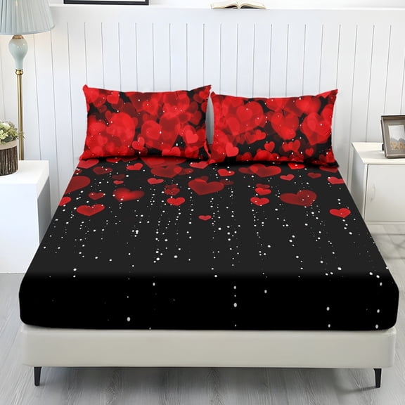 COEQINE Twin Size Sheet Set Soft Wrinkle Free 3 Pieces Bed Sheets Set with Deep Pocket Bedsheet & Pillowcases Home Decor for Twin Size Bed for Valentine's Day Decor, Romantic Red Heart