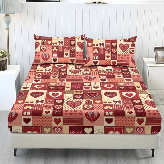 COEQINE Twin Size Sheet Set Soft Wrinkle Free 3 Pieces Bed Sheets Set with Deep Pocket Bedsheet & Pillowcases Home Decor for Twin Size Bed for Valentine's Day Decor, Heart Patchwork Vintage