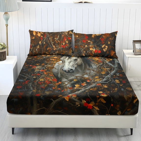 COEQINE Twin Size Sheet Set Soft Wrinkle Free 3 Pieces Bed Sheets Set with Deep Pocket Bedsheet & Pillowcases Home Decor for Twin Size Bed, White Horse Fall Camo Hunting Forest