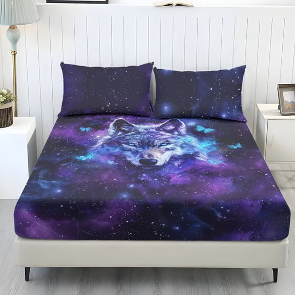 COEQINE Twin XL Sheet Set 3 Pieces Bedding Set, Comfort Fade Resistant Fitted Sheet with 2 Pillowcases, Winter Bottom Bedsheet Easy & Secure Fit, Wolf Butterfly Galaxy