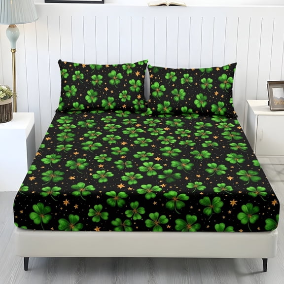 COEQINE Twin XL Sheet Set Breathable Soft Bedding Sheet Set 3 Pieces Deep Pocket Holiday Bedding Set with All Around Elastic for a Snug Fit for St. Patrick's Day Decor, Green Clover Star