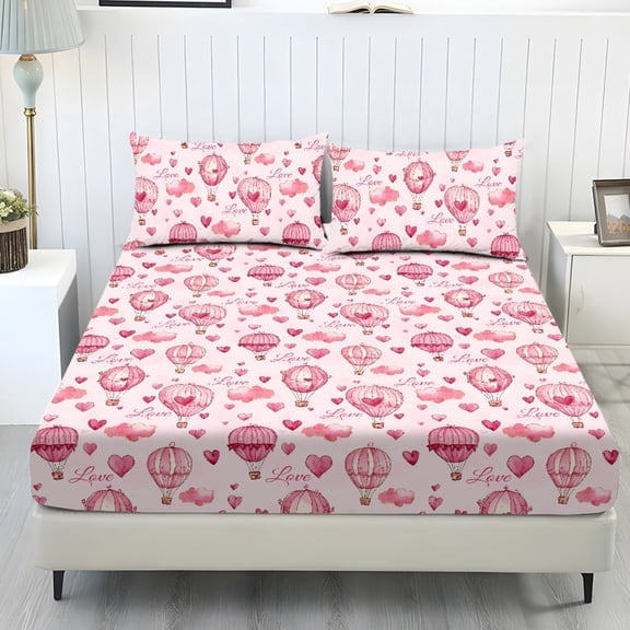 COEQINE Twin XL Sheet Set Breathable Soft Bedding Sheet Set 3 Pieces Deep Pocket Holiday Bedding Set with All Around Elastic for a Snug Fit for Valentine's Day Decor, Love Heart Hot Balloon